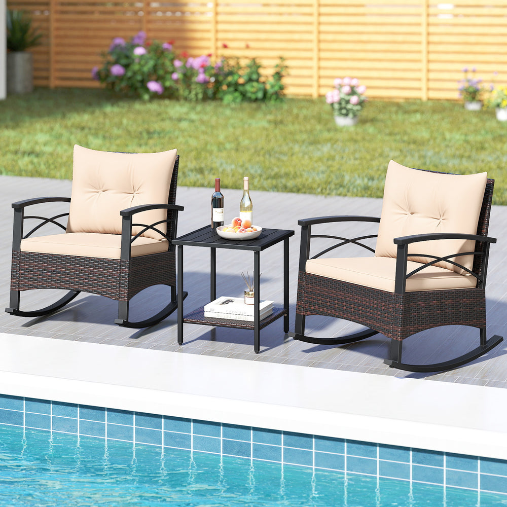 Gentle rocking motion will provide you with more relaxation<br>Safe to rock thanks to anti-slip strips and anti-rollover stoppers<br>Hand-woven mix brown PE rattan combines durability with beauty<br>Soft back & seat cushions filled with high-elastic spong