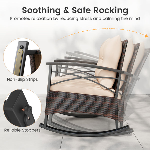 Gentle rocking motion will provide you with more relaxation<br>Safe to rock thanks to anti-slip strips and anti-rollover stoppers<br>Hand-woven mix brown PE rattan combines durability with beauty<br>Soft back & seat cushions filled with high-elastic spong