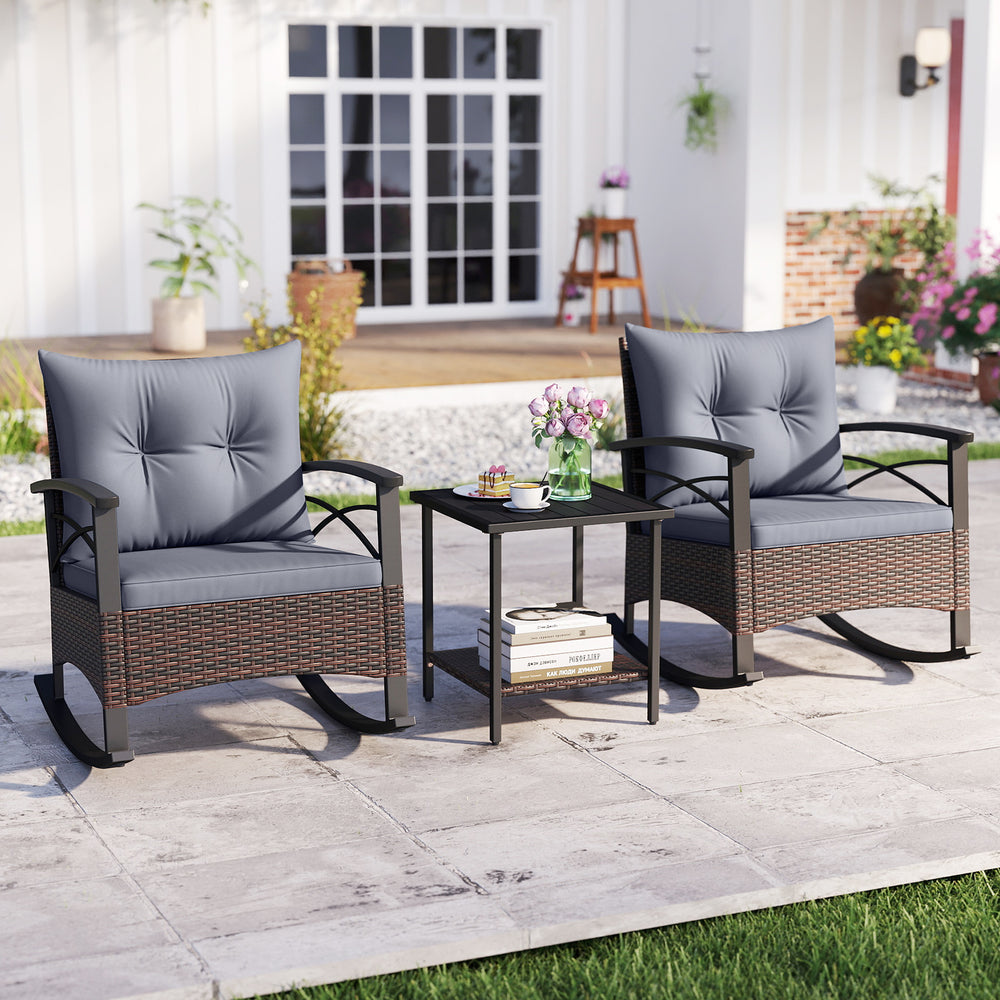 Gentle rocking motion will provide you with more relaxation<br>Safe to rock thanks to anti-slip strips and anti-rollover stoppers<br>Hand-woven mix brown PE rattan combines durability with beauty<br>Soft back & seat cushions filled with high-elastic spong