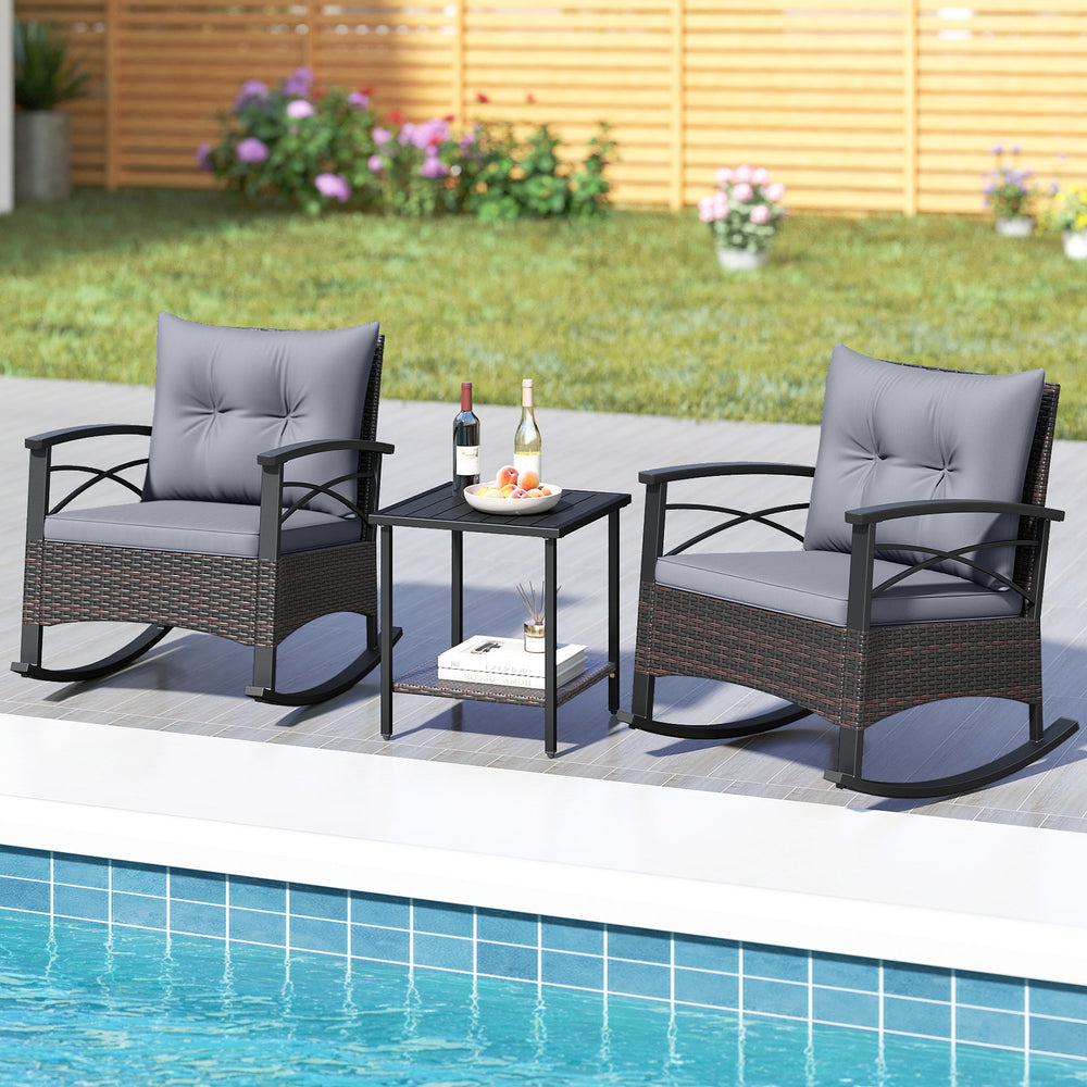 Gentle rocking motion will provide you with more relaxation<br>Safe to rock thanks to anti-slip strips and anti-rollover stoppers<br>Hand-woven mix brown PE rattan combines durability with beauty<br>Soft back & seat cushions filled with high-elastic spong