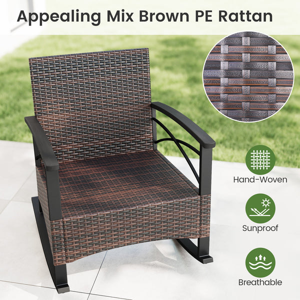 Gentle rocking motion will provide you with more relaxation<br>Safe to rock thanks to anti-slip strips and anti-rollover stoppers<br>Hand-woven mix brown PE rattan combines durability with beauty<br>Soft back & seat cushions filled with high-elastic spong