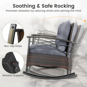 Gentle rocking motion will provide you with more relaxation<br>Safe to rock thanks to anti-slip strips and anti-rollover stoppers<br>Hand-woven mix brown PE rattan combines durability with beauty<br>Soft back & seat cushions filled with high-elastic spong