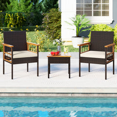 Handwoven PE rattan adds natural elegance and sun protection<br>Solid acacia wood provides strong  smooth  and attractive surfaces<br>Soft sponge cushions offer cozy sitting experience<br>Zippered cushion cover for easy removal and cleaning<br>Ergonomic b