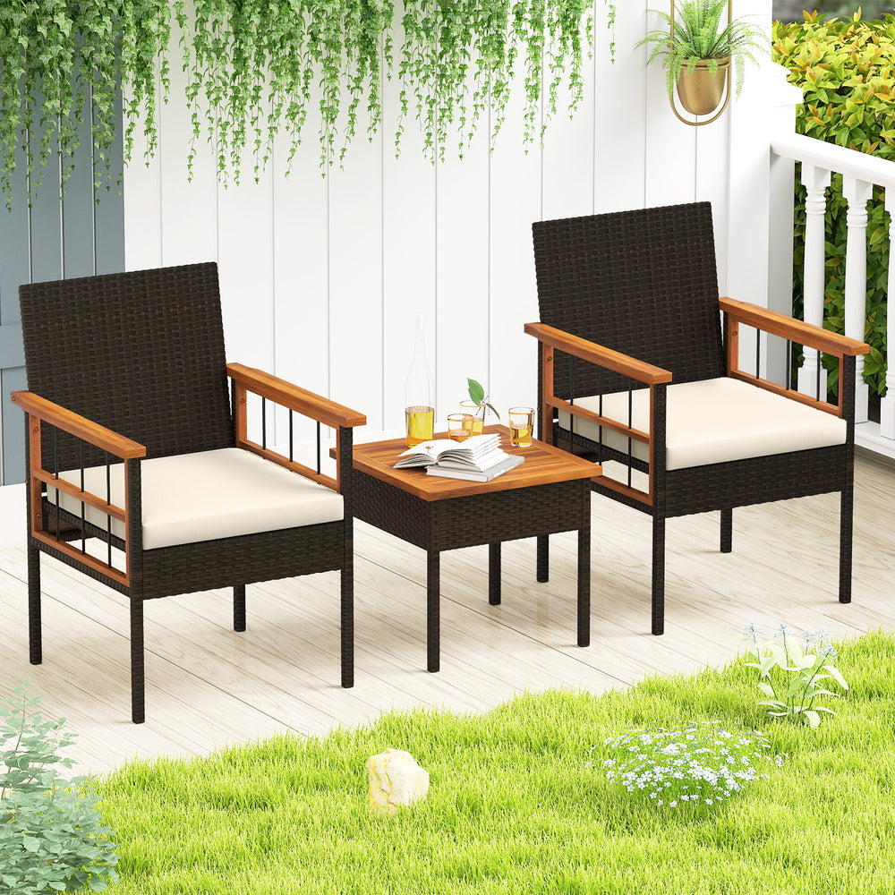 Handwoven PE rattan adds natural elegance and sun protection<br>Solid acacia wood provides strong  smooth  and attractive surfaces<br>Soft sponge cushions offer cozy sitting experience<br>Zippered cushion cover for easy removal and cleaning<br>Ergonomic b