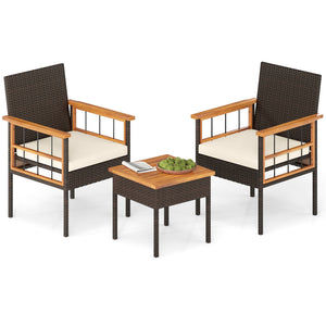 Handwoven PE rattan adds natural elegance and sun protection<br>Solid acacia wood provides strong  smooth  and attractive surfaces<br>Soft sponge cushions offer cozy sitting experience<br>Zippered cushion cover for easy removal and cleaning<br>Ergonomic b