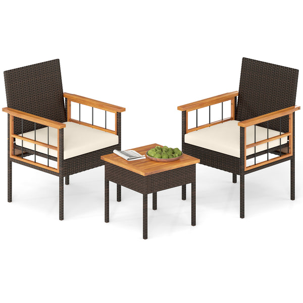 Handwoven PE rattan adds natural elegance and sun protection<br>Solid acacia wood provides strong  smooth  and attractive surfaces<br>Soft sponge cushions offer cozy sitting experience<br>Zippered cushion cover for easy removal and cleaning<br>Ergonomic b