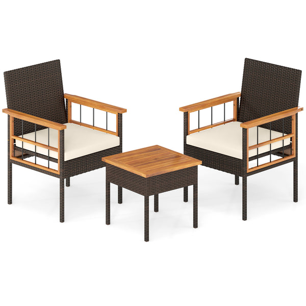 Handwoven PE rattan adds natural elegance and sun protection<br>Solid acacia wood provides strong  smooth  and attractive surfaces<br>Soft sponge cushions offer cozy sitting experience<br>Zippered cushion cover for easy removal and cleaning<br>Ergonomic b