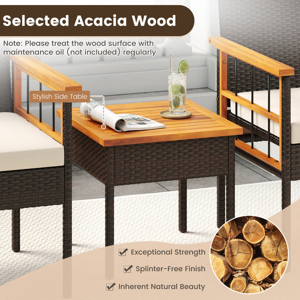 Handwoven PE rattan adds natural elegance and sun protection<br>Solid acacia wood provides strong  smooth  and attractive surfaces<br>Soft sponge cushions offer cozy sitting experience<br>Zippered cushion cover for easy removal and cleaning<br>Ergonomic b