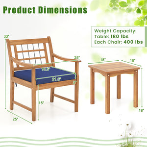 Constructed of premium acacia wood for long-lasting use and elegance<br>Each chair can load up to 400 lbs<br>Elastic seat cushions bring endless comfort<br>Functional zippers make maintenance much easier<br>Fixing ties prevent the cushions from moving aro