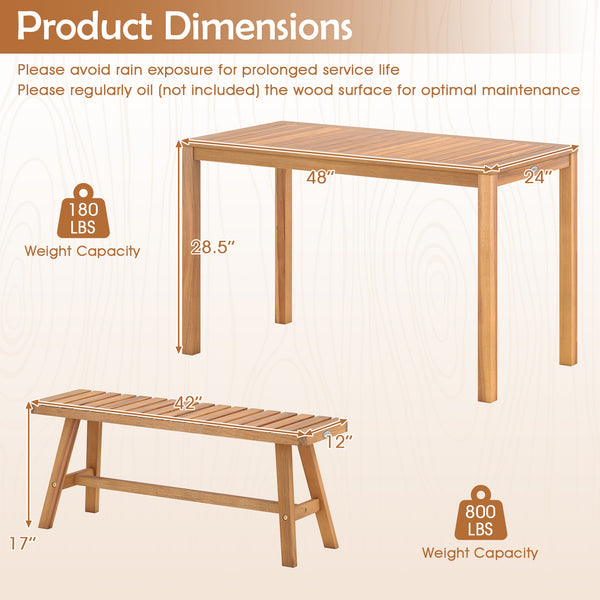 Offer natural beauty and reliable support with solid acacia wood<br>Maintain a splinter-free surface for smooth and safe touch<br>Make you feel breathable with slatted seats<br>The sturdy garden benches hold up to 800 lbs respectively<br>Extra reinforceme