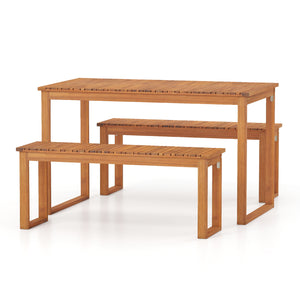 49â€ x 27.5â€ large table and benches comfortably seat 4 people outdoors<br>Made from natural acacia wood for long-lasting use<br>Reinforced legs with metal corner braces for extra stability<br>Each bench supports up to 800 lbs<br>Benches conveniently t