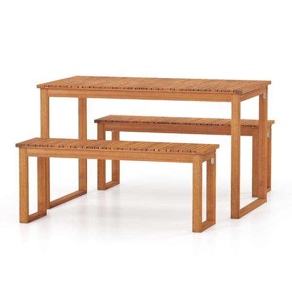 49â€ x 27.5â€ large table and benches comfortably seat 4 people outdoors<br>Made from natural acacia wood for long-lasting use<br>Reinforced legs with metal corner braces for extra stability<br>Each bench supports up to 800 lbs<br>Benches conveniently t