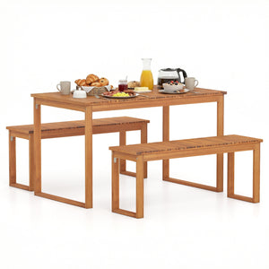49â€ x 27.5â€ large table and benches comfortably seat 4 people outdoors<br>Made from natural acacia wood for long-lasting use<br>Reinforced legs with metal corner braces for extra stability<br>Each bench supports up to 800 lbs<br>Benches conveniently t