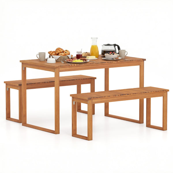 49â€ x 27.5â€ large table and benches comfortably seat 4 people outdoors<br>Made from natural acacia wood for long-lasting use<br>Reinforced legs with metal corner braces for extra stability<br>Each bench supports up to 800 lbs<br>Benches conveniently t