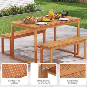 49â€ x 27.5â€ large table and benches comfortably seat 4 people outdoors<br>Made from natural acacia wood for long-lasting use<br>Reinforced legs with metal corner braces for extra stability<br>Each bench supports up to 800 lbs<br>Benches conveniently t