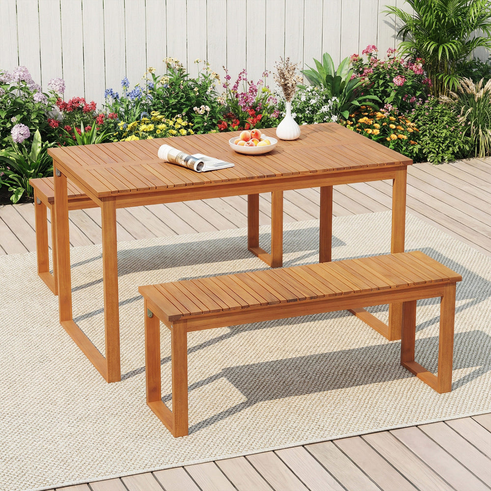 49â€ x 27.5â€ large table and benches comfortably seat 4 people outdoors<br>Made from natural acacia wood for long-lasting use<br>Reinforced legs with metal corner braces for extra stability<br>Each bench supports up to 800 lbs<br>Benches conveniently t