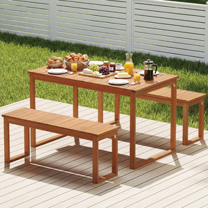 49â€ x 27.5â€ large table and benches comfortably seat 4 people outdoors<br>Made from natural acacia wood for long-lasting use<br>Reinforced legs with metal corner braces for extra stability<br>Each bench supports up to 800 lbs<br>Benches conveniently t