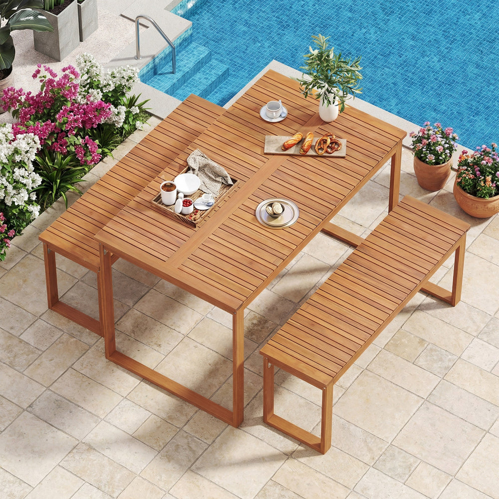 49â€ x 27.5â€ large table and benches comfortably seat 4 people outdoors<br>Made from natural acacia wood for long-lasting use<br>Reinforced legs with metal corner braces for extra stability<br>Each bench supports up to 800 lbs<br>Benches conveniently t