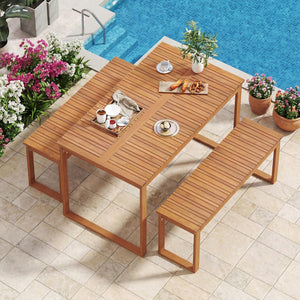49â€ x 27.5â€ large table and benches comfortably seat 4 people outdoors<br>Made from natural acacia wood for long-lasting use<br>Reinforced legs with metal corner braces for extra stability<br>Each bench supports up to 800 lbs<br>Benches conveniently t