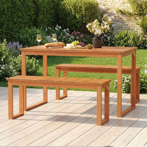 49â€ x 27.5â€ large table and benches comfortably seat 4 people outdoors<br>Made from natural acacia wood for long-lasting use<br>Reinforced legs with metal corner braces for extra stability<br>Each bench supports up to 800 lbs<br>Benches conveniently t