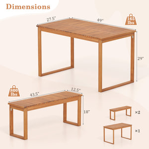 49â€ x 27.5â€ large table and benches comfortably seat 4 people outdoors<br>Made from natural acacia wood for long-lasting use<br>Reinforced legs with metal corner braces for extra stability<br>Each bench supports up to 800 lbs<br>Benches conveniently t
