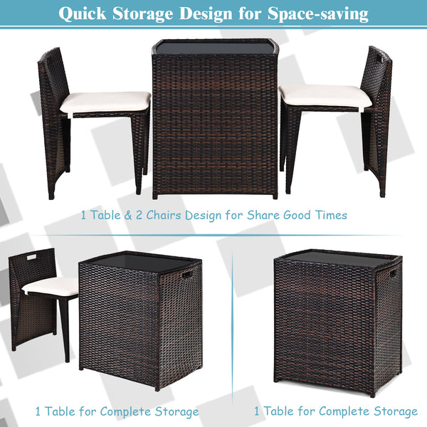 Brand new and high quality<br>The Chairs designed for space-saving (differ from seat size)<br>Strong steel frame and all rattan wicker<br>Ideal for patio  porch  poolside or garden<br>Cushions for comfortable seat<br>Removable cushions are easy to clean<b