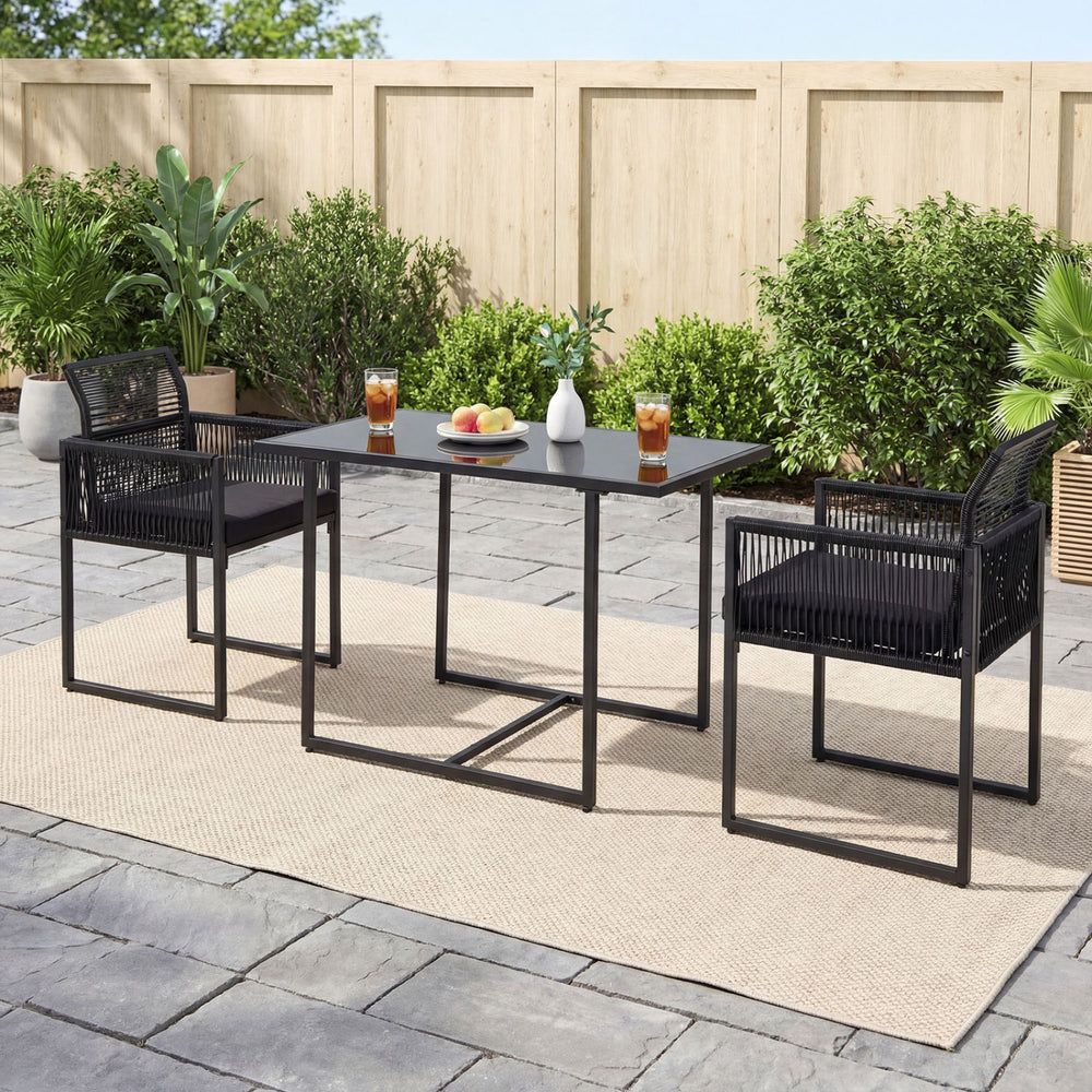 Cozy seat with curved backrest and soft cushions<br>Zipper design for easy maintenance of cushion cover<br>High-strength metal frame for strong support<br>Adjustable footpads offer more stability<br>Hand-woven PE rattan for outdoor use<br>Wide tempered gl