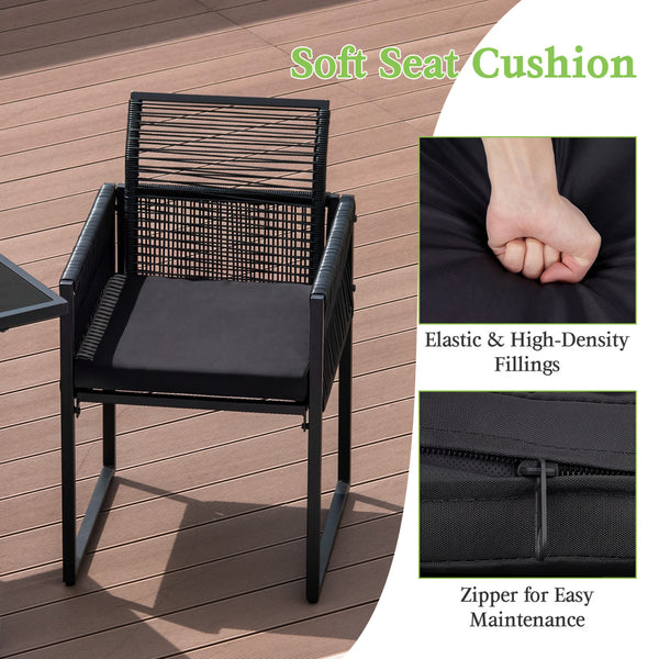Cozy seat with curved backrest and soft cushions<br>Zipper design for easy maintenance of cushion cover<br>High-strength metal frame for strong support<br>Adjustable footpads offer more stability<br>Hand-woven PE rattan for outdoor use<br>Wide tempered gl