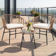 Hand-woven PE rattan lasts longer with sun-proof feature<br>Soft cushions for added comfort with soft sponge filling<br>Round bistro table is built to last as well as easy to clean<br>Suction cup for safe use of the tempered glass tabletop<br>Backrests br