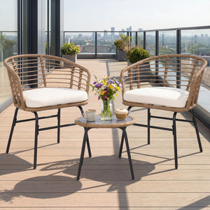 Hand-woven PE rattan lasts longer with sun-proof feature<br>Soft cushions for added comfort with soft sponge filling<br>Round bistro table is built to last as well as easy to clean<br>Suction cup for safe use of the tempered glass tabletop<br>Backrests br