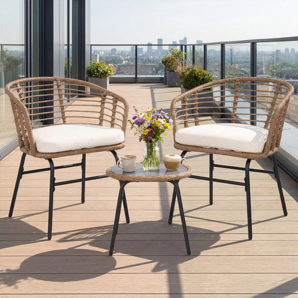 Hand-woven PE rattan lasts longer with sun-proof feature<br>Soft cushions for added comfort with soft sponge filling<br>Round bistro table is built to last as well as easy to clean<br>Suction cup for safe use of the tempered glass tabletop<br>Backrests br