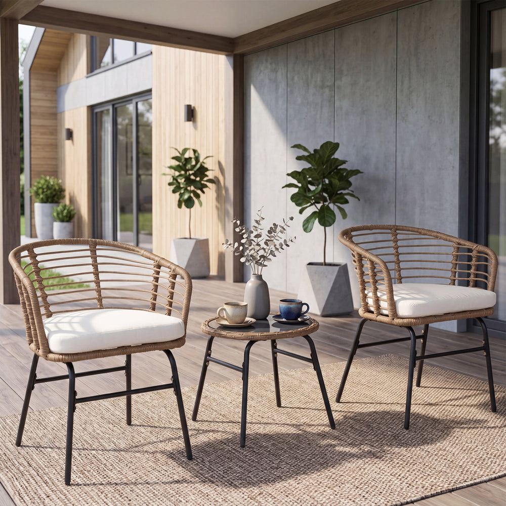 Hand-woven PE rattan lasts longer with sun-proof feature<br>Soft cushions for added comfort with soft sponge filling<br>Round bistro table is built to last as well as easy to clean<br>Suction cup for safe use of the tempered glass tabletop<br>Backrests br