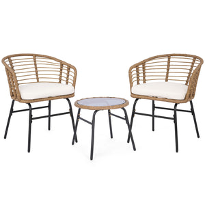 Hand-woven PE rattan lasts longer with sun-proof feature<br>Soft cushions for added comfort with soft sponge filling<br>Round bistro table is built to last as well as easy to clean<br>Suction cup for safe use of the tempered glass tabletop<br>Backrests br