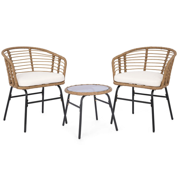Hand-woven PE rattan lasts longer with sun-proof feature<br>Soft cushions for added comfort with soft sponge filling<br>Round bistro table is built to last as well as easy to clean<br>Suction cup for safe use of the tempered glass tabletop<br>Backrests br