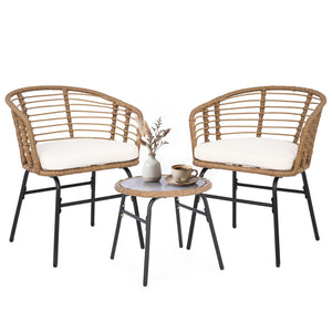 Hand-woven PE rattan lasts longer with sun-proof feature<br>Soft cushions for added comfort with soft sponge filling<br>Round bistro table is built to last as well as easy to clean<br>Suction cup for safe use of the tempered glass tabletop<br>Backrests br