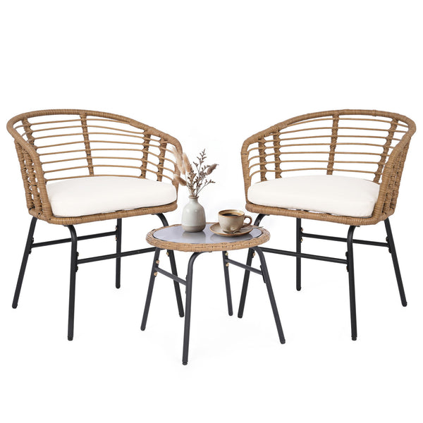 Hand-woven PE rattan lasts longer with sun-proof feature<br>Soft cushions for added comfort with soft sponge filling<br>Round bistro table is built to last as well as easy to clean<br>Suction cup for safe use of the tempered glass tabletop<br>Backrests br