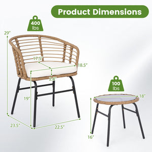 Hand-woven PE rattan lasts longer with sun-proof feature<br>Soft cushions for added comfort with soft sponge filling<br>Round bistro table is built to last as well as easy to clean<br>Suction cup for safe use of the tempered glass tabletop<br>Backrests br