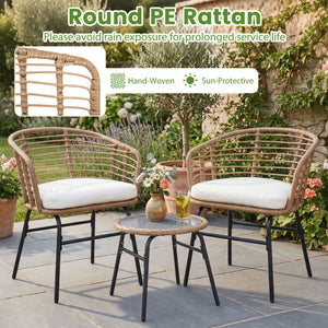 Hand-woven PE rattan lasts longer with sun-proof feature<br>Soft cushions for added comfort with soft sponge filling<br>Round bistro table is built to last as well as easy to clean<br>Suction cup for safe use of the tempered glass tabletop<br>Backrests br