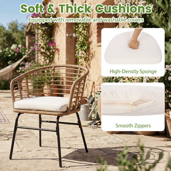 Hand-woven PE rattan lasts longer with sun-proof feature<br>Soft cushions for added comfort with soft sponge filling<br>Round bistro table is built to last as well as easy to clean<br>Suction cup for safe use of the tempered glass tabletop<br>Backrests br