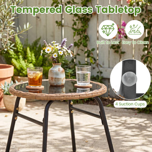 Hand-woven PE rattan lasts longer with sun-proof feature<br>Soft cushions for added comfort with soft sponge filling<br>Round bistro table is built to last as well as easy to clean<br>Suction cup for safe use of the tempered glass tabletop<br>Backrests br