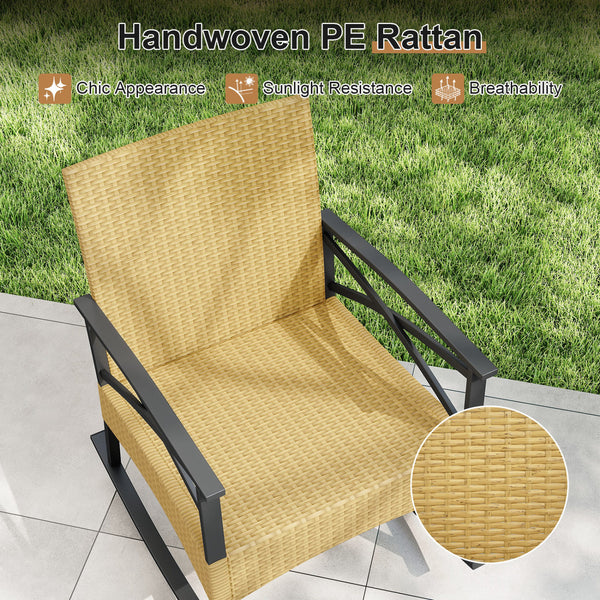 The hand-woven PE rattan is fade-resistant and sun-protective for durability<br>Ensure a stable structure with a heavy-duty metal frame<br>Gently lull you into a state of tranquility with a smooth rocking motion<br>Keep balance with anti-slip pads and sto