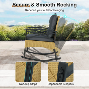 The hand-woven PE rattan is fade-resistant and sun-protective for durability<br>Ensure a stable structure with a heavy-duty metal frame<br>Gently lull you into a state of tranquility with a smooth rocking motion<br>Keep balance with anti-slip pads and sto