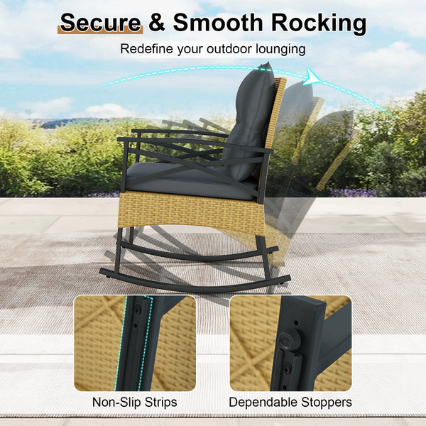 The hand-woven PE rattan is fade-resistant and sun-protective for durability<br>Ensure a stable structure with a heavy-duty metal frame<br>Gently lull you into a state of tranquility with a smooth rocking motion<br>Keep balance with anti-slip pads and sto