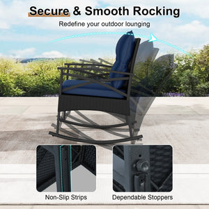 The hand-woven PE rattan is fade-resistant and sun-protective for durability<br>Ensure a stable structure with a heavy-duty metal frame<br>Gently lull you into a state of tranquility with a smooth rocking motion<br>Keep balance with anti-slip pads and sto