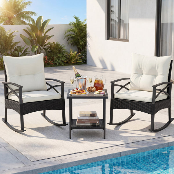 The hand-woven PE rattan is fade-resistant and sun-protective for durability<br>Ensure a stable structure with a heavy-duty metal frame<br>Gently lull you into a state of tranquility with a smooth rocking motion<br>Keep balance with anti-slip pads and sto