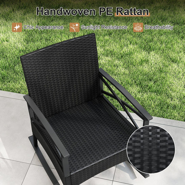 The hand-woven PE rattan is fade-resistant and sun-protective for durability<br>Ensure a stable structure with a heavy-duty metal frame<br>Gently lull you into a state of tranquility with a smooth rocking motion<br>Keep balance with anti-slip pads and sto