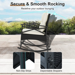 The hand-woven PE rattan is fade-resistant and sun-protective for durability<br>Ensure a stable structure with a heavy-duty metal frame<br>Gently lull you into a state of tranquility with a smooth rocking motion<br>Keep balance with anti-slip pads and sto