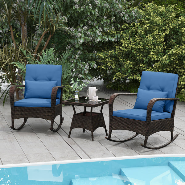 Ergonomic chairs with curved armrests for more comfort<br>Anti-slip mats and bottom stoppers for safe rocking<br>High-quality PE rattan enhances durability and style<br>Cozy cushions feature easy-to-clean zippered covers<br>Elastic lumbar pillows offer ad