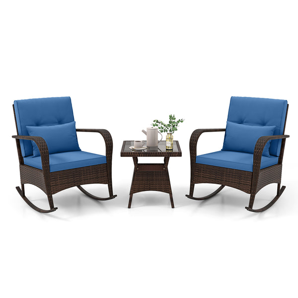 Ergonomic chairs with curved armrests for more comfort<br>Anti-slip mats and bottom stoppers for safe rocking<br>High-quality PE rattan enhances durability and style<br>Cozy cushions feature easy-to-clean zippered covers<br>Elastic lumbar pillows offer ad
