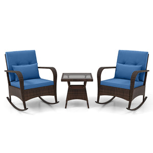 Ergonomic chairs with curved armrests for more comfort<br>Anti-slip mats and bottom stoppers for safe rocking<br>High-quality PE rattan enhances durability and style<br>Cozy cushions feature easy-to-clean zippered covers<br>Elastic lumbar pillows offer ad